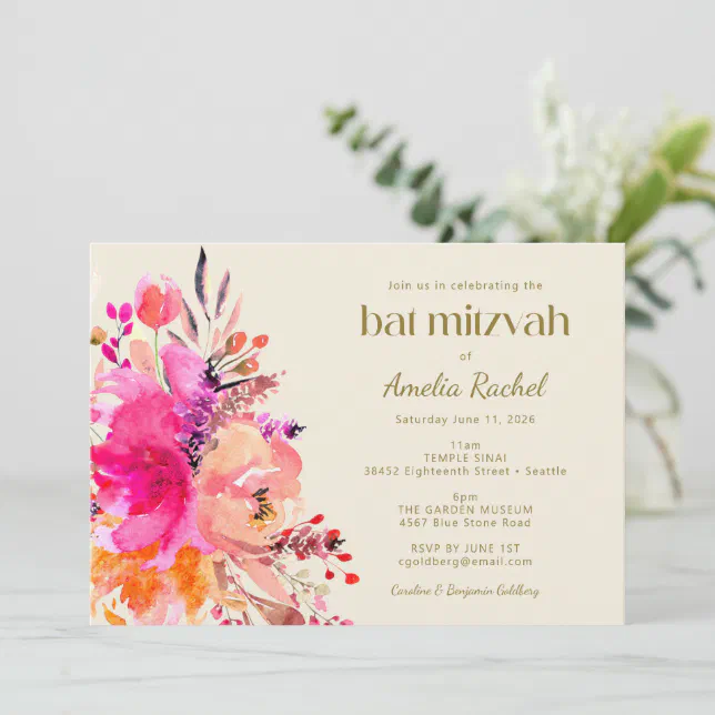 Pink Gold Watercolor Floral Elegant Bat Mitzvah Invitation | Zazzle