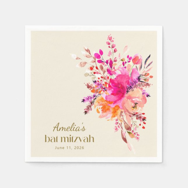 Pink Gold Watercolor Floral Elegant Bat Mitzvah Napkins (Front)