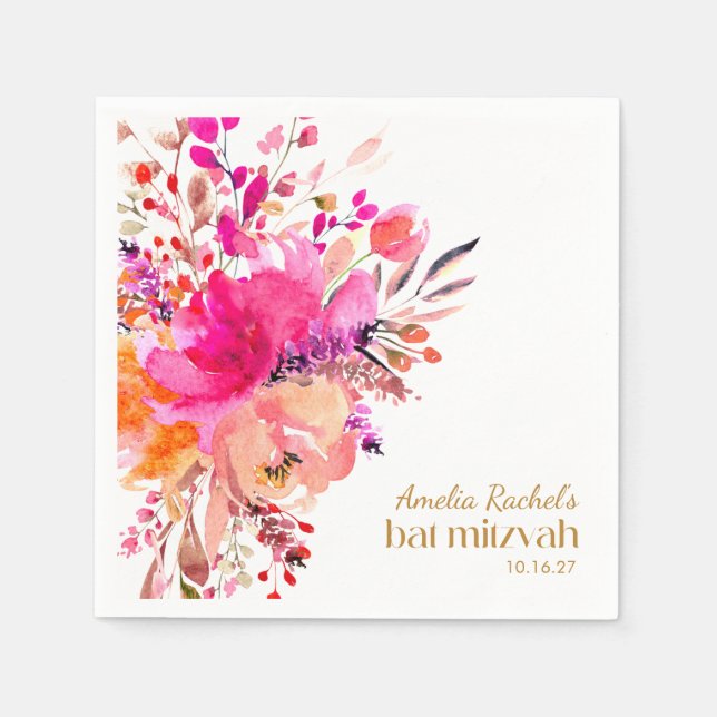 Pink Gold Watercolor Floral Elegant Bat Mitzvah  Napkins (Front)