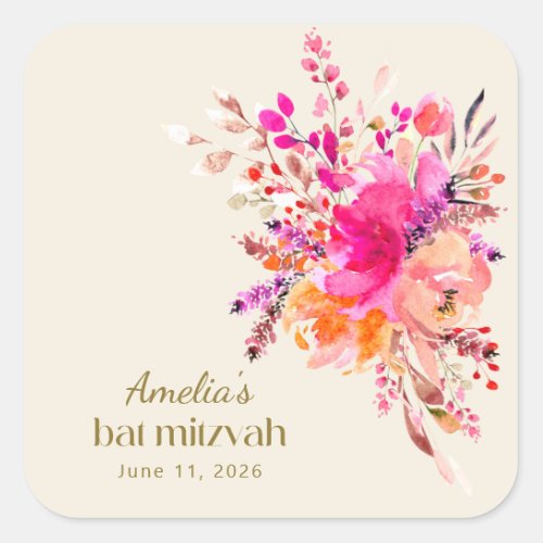 Pink Gold Watercolor Floral Elegant Bat Mitzvah Square Sticker