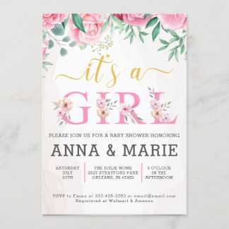 Pink Gold Watercolor Floral Girl Baby Shower Invitation