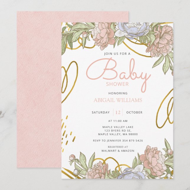 Pink Gold Watercolor Floral & Greenery Baby Shower Invitation (Front/Back)
