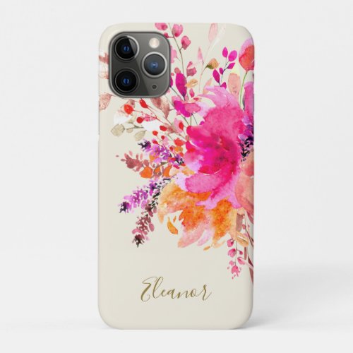 Pink Gold Watercolor Floral Personalized Name  iPhone 11 Pro Case