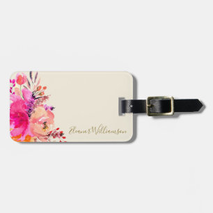 Pink Gold Watercolor Floral Personalized Name Luggage Tag