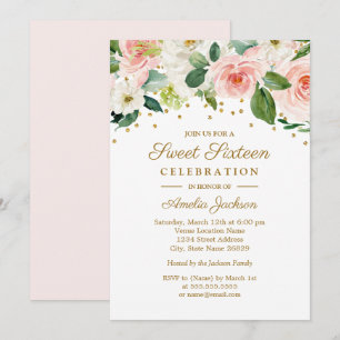 Pink Gold Watercolor Floral Sweet Sixteen Invitation
