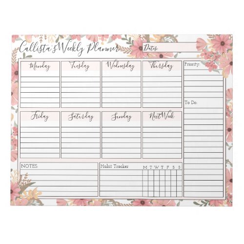 Pink Gold Watercolor Floral Weekly Custom Planner Notepad
