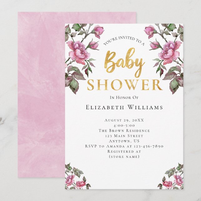 Pink Gold Watercolor Flowers Girl Baby Shower Invitation (Front/Back)