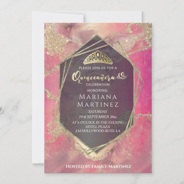 Pink Gold watercolor geometrical  Quinceañera Invitation (Front)