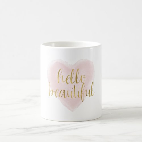 Pink Gold Watercolor Heart Hello Beautiful Coffee Mug