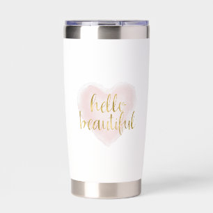 Pink Gold Watercolor Heart Hello Beautiful Insulated Tumbler