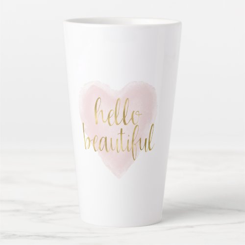 Pink Gold Watercolor Heart Hello Beautiful Latte Mug