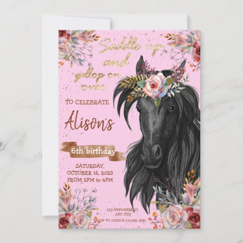 Pink Gold Watercolor horse birthday cowgirl Invitation