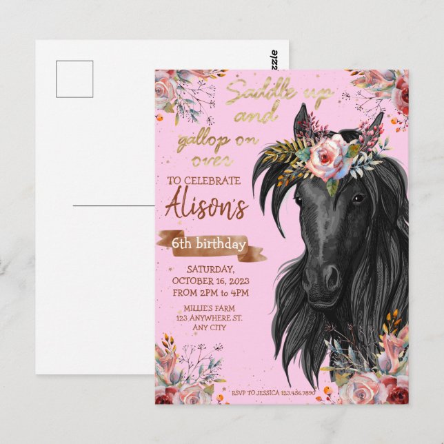 Pink Gold Watercolor horse birthday cowgirl Postcard (Front/Back)