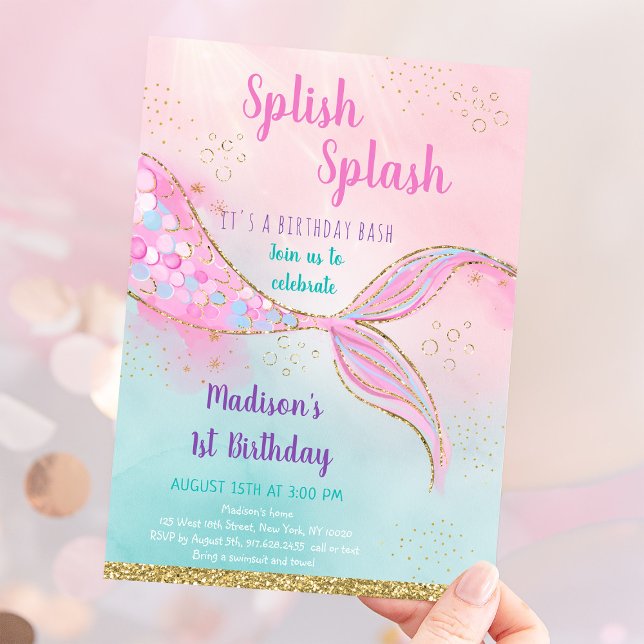 Pink Gold Watercolor Mermaid Birthday Invitation (Creator Uploaded)