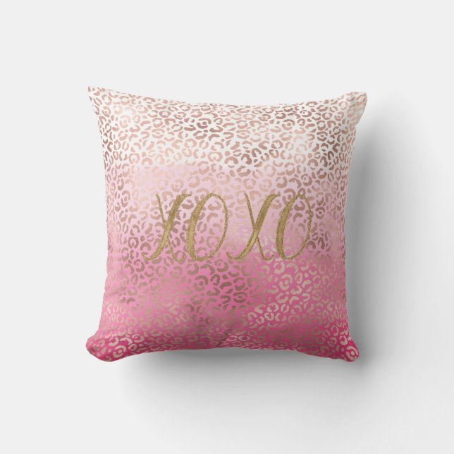 Pink Gold Watercolor Ombre Leopard Print XOXO Throw Pillow (Front)