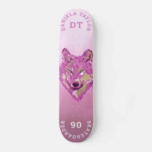 Pink Gold Watercolor Paint Gradient Monogram Wolf Skateboard
