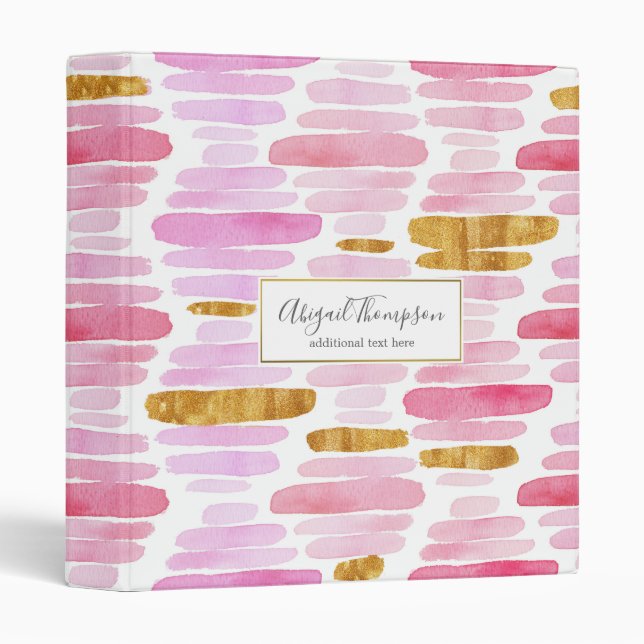Pink & Gold Watercolor Painted Stripes Pattern 3 Ring Binder (Front/Spine)