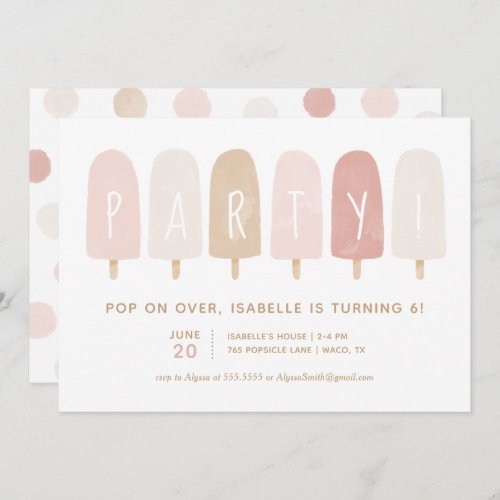 Pink Gold Watercolor Popsicle Girl Birthday Party Invitation