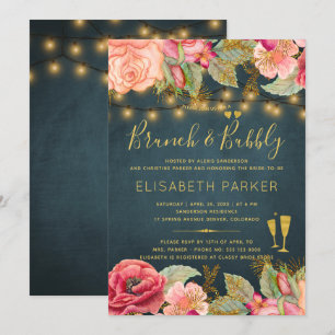 Pink gold watercolor roses navy brunch and bubbly invitation