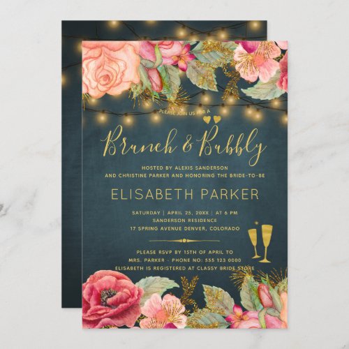 Pink gold watercolor roses navy brunch and bubbly invitation