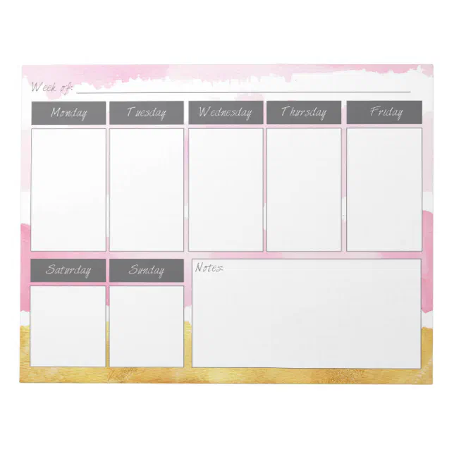 Pink & Gold Watercolor Weekly Pattern Notepad | Zazzle