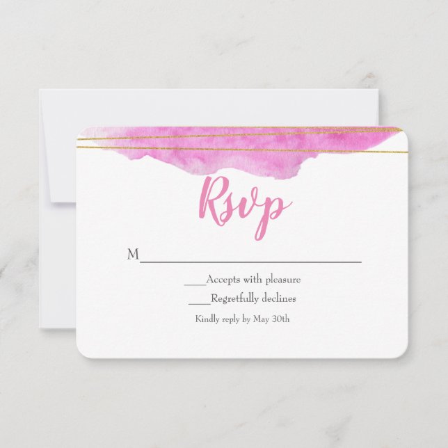 Pink & Gold Watercolour Wedding RSVP Card (Front)