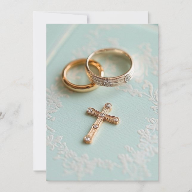 Pink gold wedding rings and cross invitation (Front)