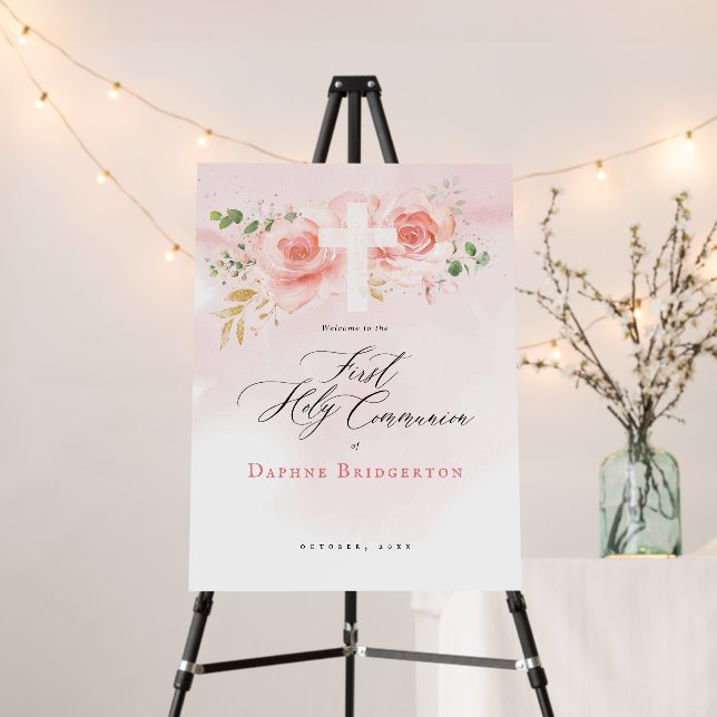 Pink & Gold Welcome First Holy Communion Sign (In Situ (Stand))