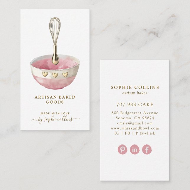 Pink Gold Whisk Bowl Baker Pastry Chef Business Card (Front/Back)