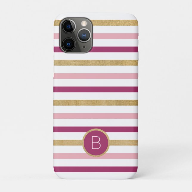 Pink Gold White Classic Stripe Monogram Case-Mate iPhone Case (Back)