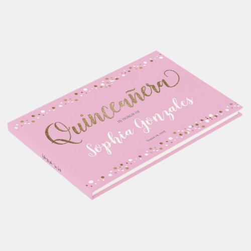Pink Gold White Confetti Quinceanera 15th Birthday Guest Book