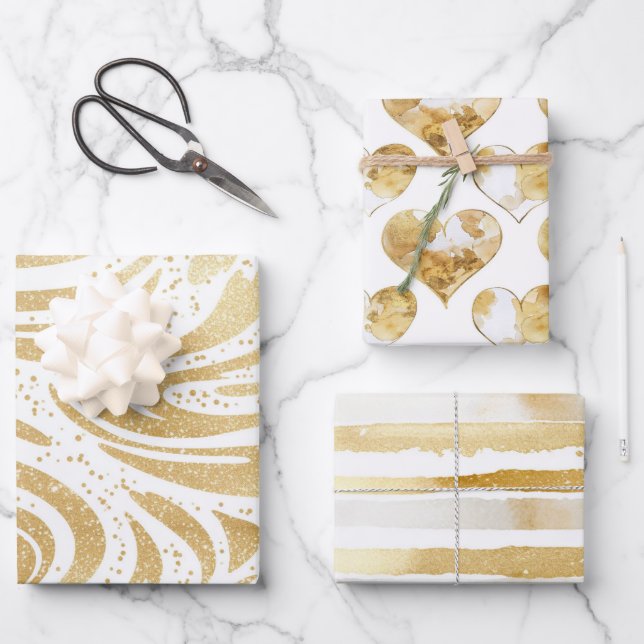 Pink Gold White Cream Heart Cupcake Birthday Wrapping Paper Sheets (Front)
