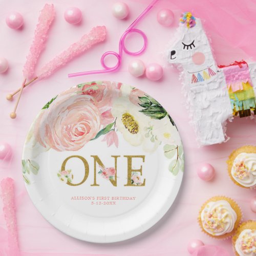 Pink gold white first 1st birthday cute floral  paper plates
