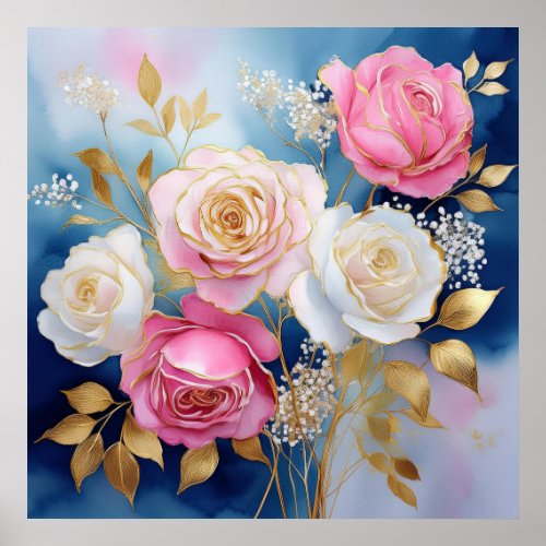 Pink Gold White Floral Roses Babies Breath Bouquet Poster