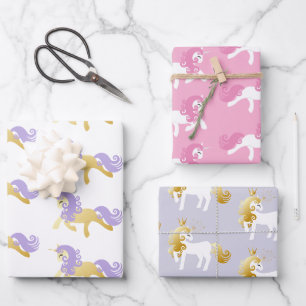 Pink Gold White Lavender Purple Unicorn   Wrapping Paper Sheets