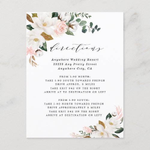 Pink Gold White Magnolia Floral Directions Wedding Enclosure Card - Designs features elegant magnolia, peony rose, eucalyptus, greenery and other watercolor elements in white, blush pink or pink peach and more. The greenery features shades of dark and light green colors with some elements featuring gold, antique gold and copper. This classy item is versatile for varieties of wedding themes -- spring, summer, winter, country, vintage, beach and more. The wedding date is surrounded by a matching bouquet for a unique twist. You can erase the text and create your own template within the customize feature tools.