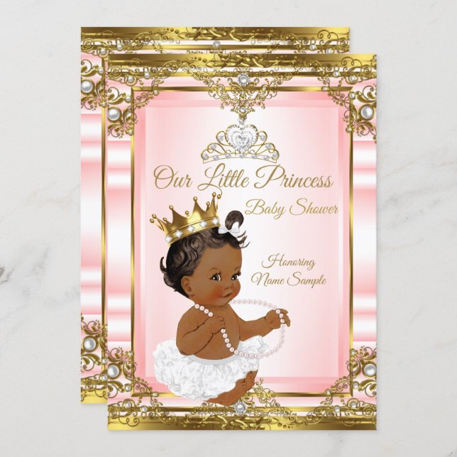 Pink Gold White Pearl Princess Baby Shower Ethnic Invitation (Front/Back)