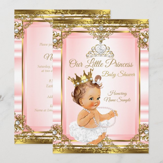 Pink Gold White Pearl Princess Baby Shower Light Invitation (Front/Back)