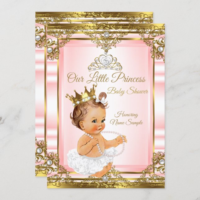 Pink Gold White Pearl Princess Baby Shower Light Invitation (Front/Back)