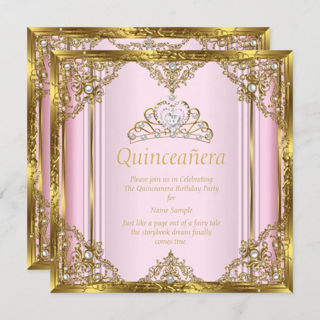 Pink Gold White Pearl Princess Quinceanera 3 Invitation (Front/Back)