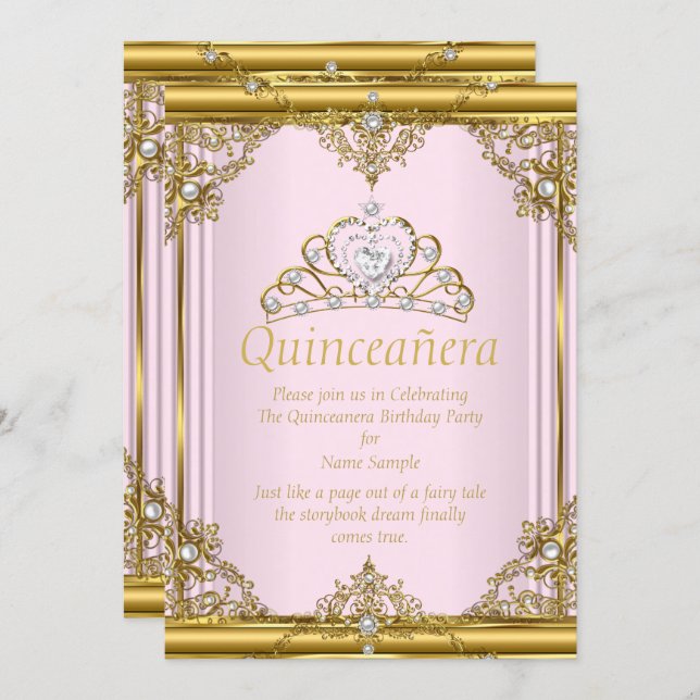 Pink Gold White Pearl Princess Quinceanera Blush Invitation (Front/Back)