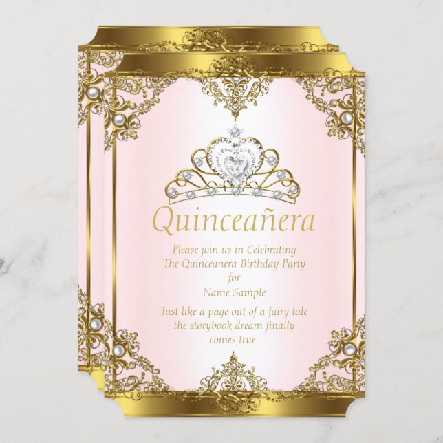 Pink Gold White Pearl Princess Quinceanera Invitation (Front/Back)