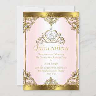 Pink Gold White Pearl Princess Quinceanera Invitation