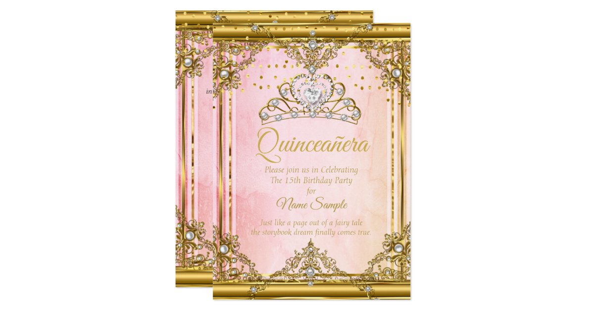 Pink Gold White Pearl Tiara Quinceanera Invite Zazzle Com