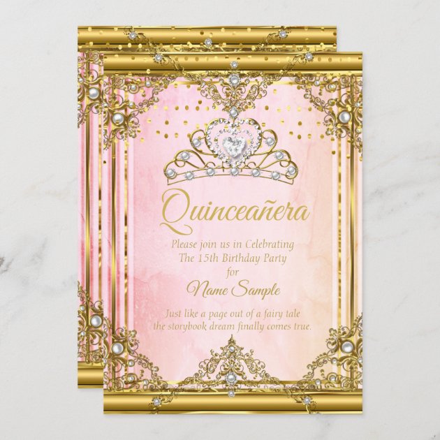 Pink Gold White Pearl Tiara Quinceanera Invite | Zazzle