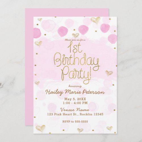 Pink Gold White Polka Dots  Hearts 1st Birthday Invitation