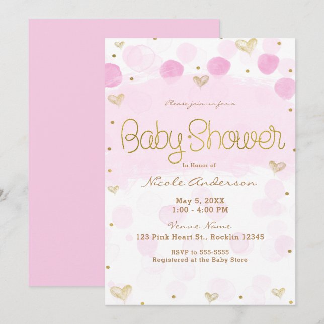 Pink Gold White Polka Dots & Hearts Baby Shower Invitation (Front/Back)