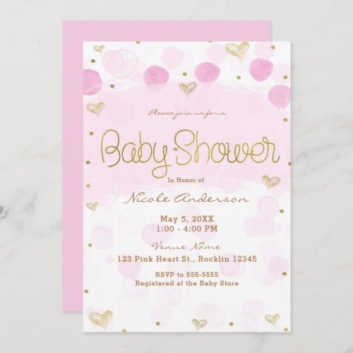 Pink Gold White Polka Dots  Hearts Baby Shower Invitation