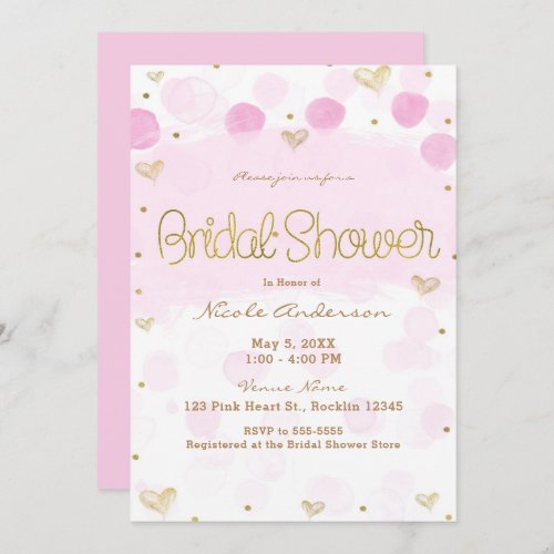 Pink Gold White Polka Dots  Hearts Bridal Shower Invitation