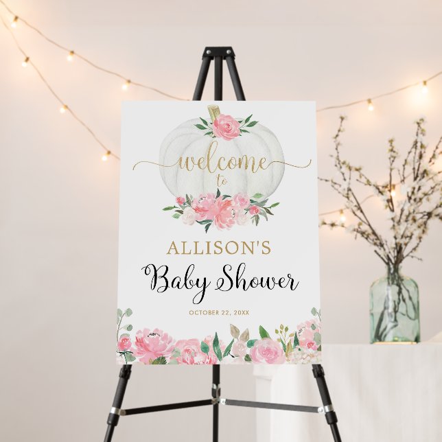 Pink gold white pumpkin baby shower welcome sign (In Situ (Stand))